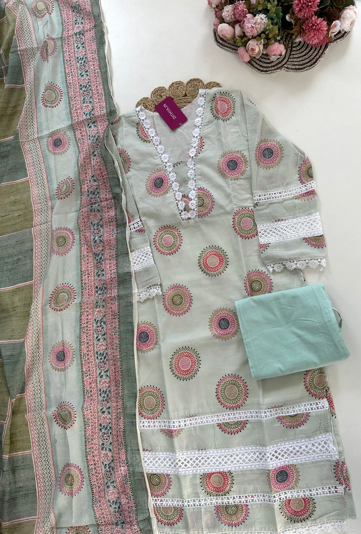 K420 - Cotton embroidered straight Kurti with pants and dupatta in 2 colours