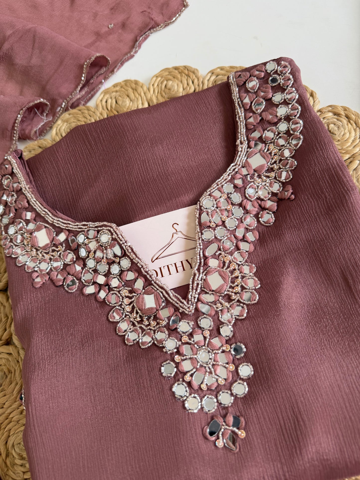 K204 - Pure Chinnon mirror work short Kurti with divider pants and dupatta