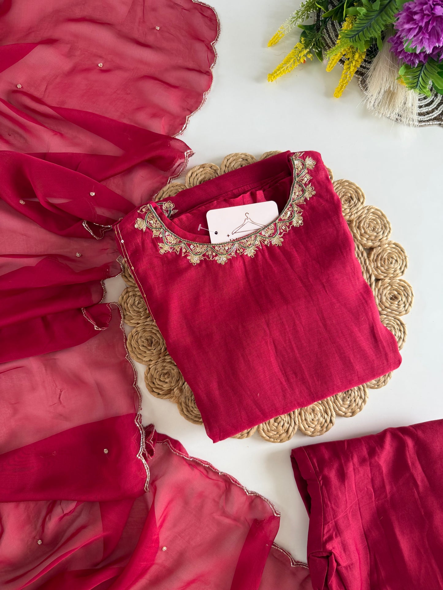 K333 - Mul chanderi handwork aline Kurti with pants and dupatta