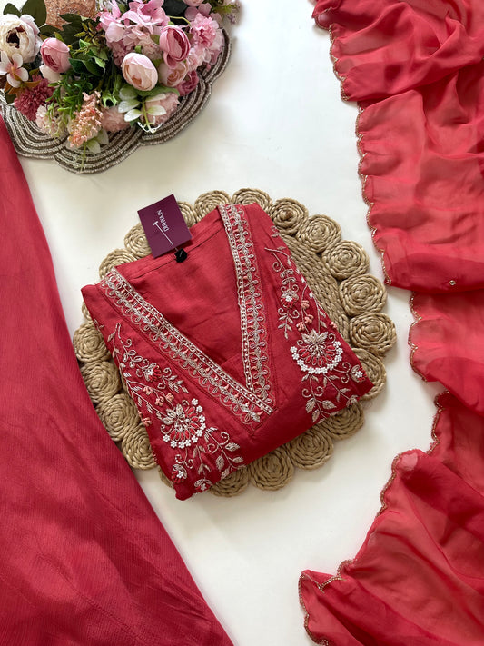 K242 - Handwork Russian silk short kurti with palazzo and dupatta.