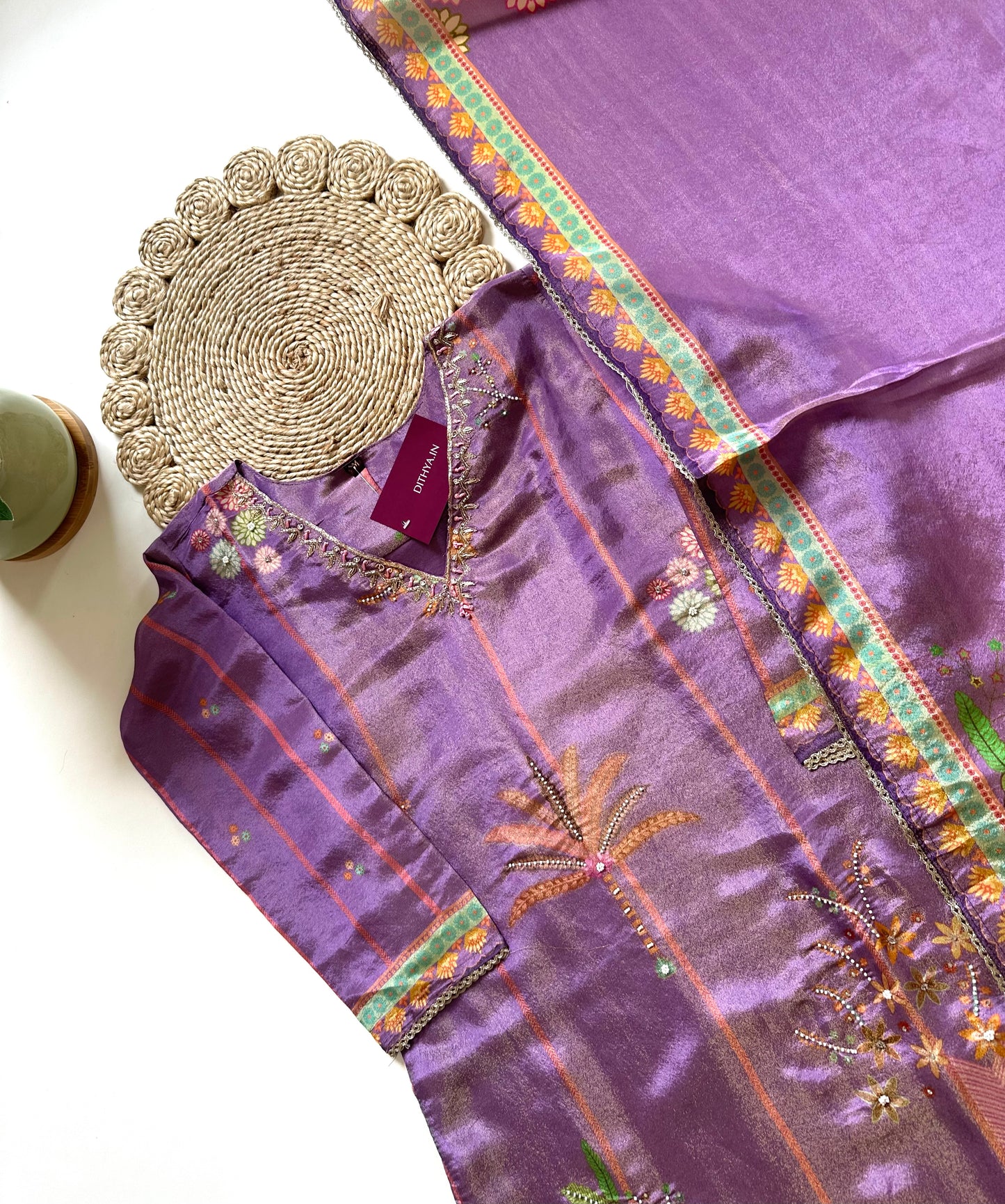 K005 - Shimmer Tissue silk peacock straight kurti with pants and dupatta.