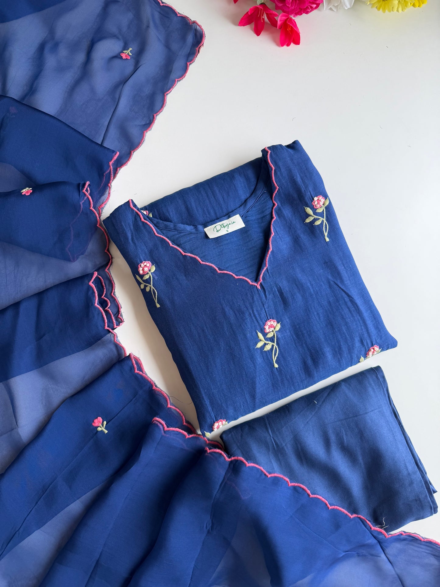 K087 - Mul chanderi embroidered Aline Kurti with pants and dupatta