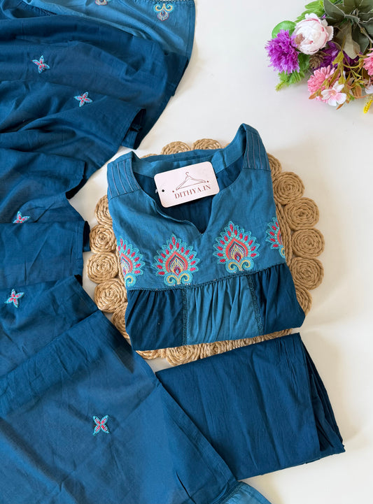 K633 - Mul cotton embroidered Anarkali with pants and dupatta