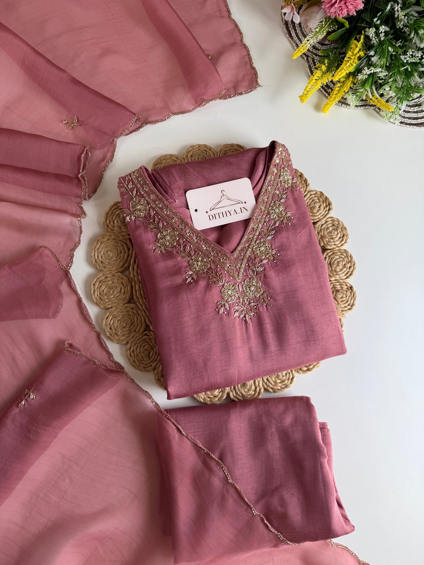 K661 - Russian silk handwork aline Kurti with pants and dupatta