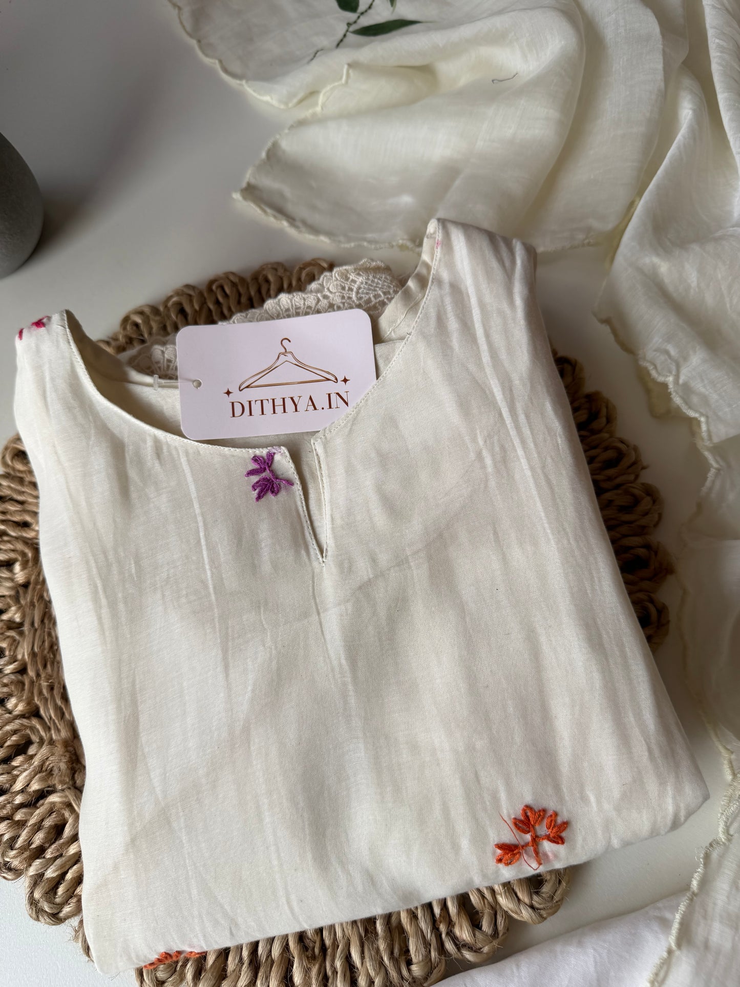 K611 - Mul chanderi embroidered Aline Kurti with pants and dupatta