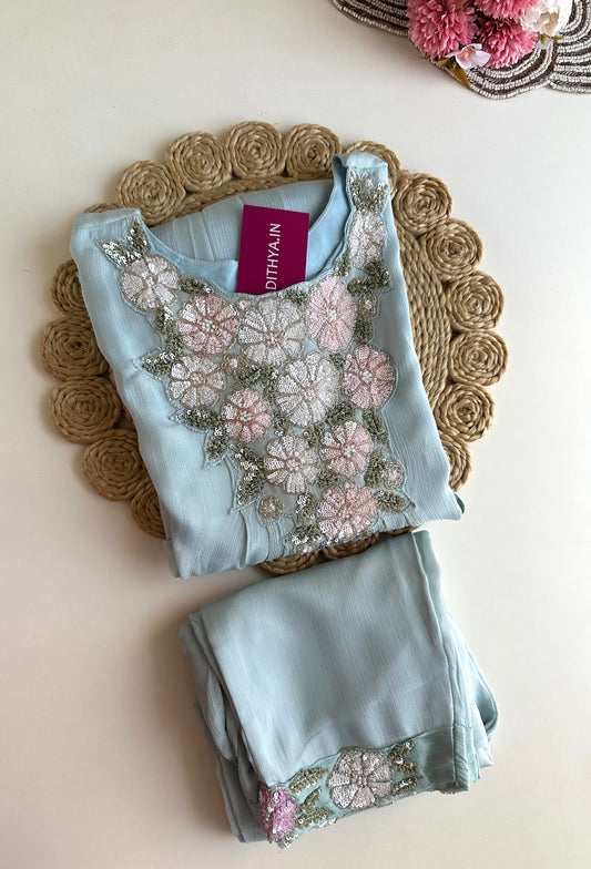K227 - Chinnon handwork Aline Kurti with pants in 2 colours