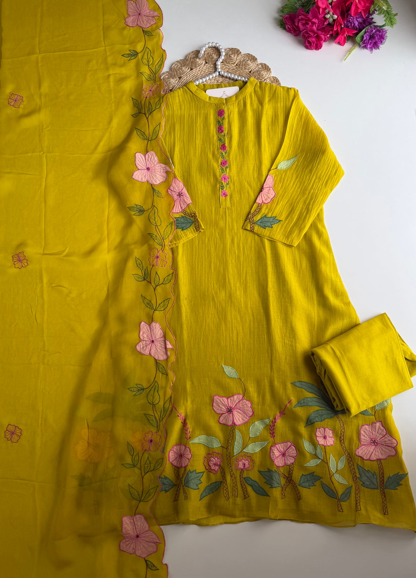 K006 - Mul chanderi appliqué embroidered Aline Kurti with pants and dupatta
