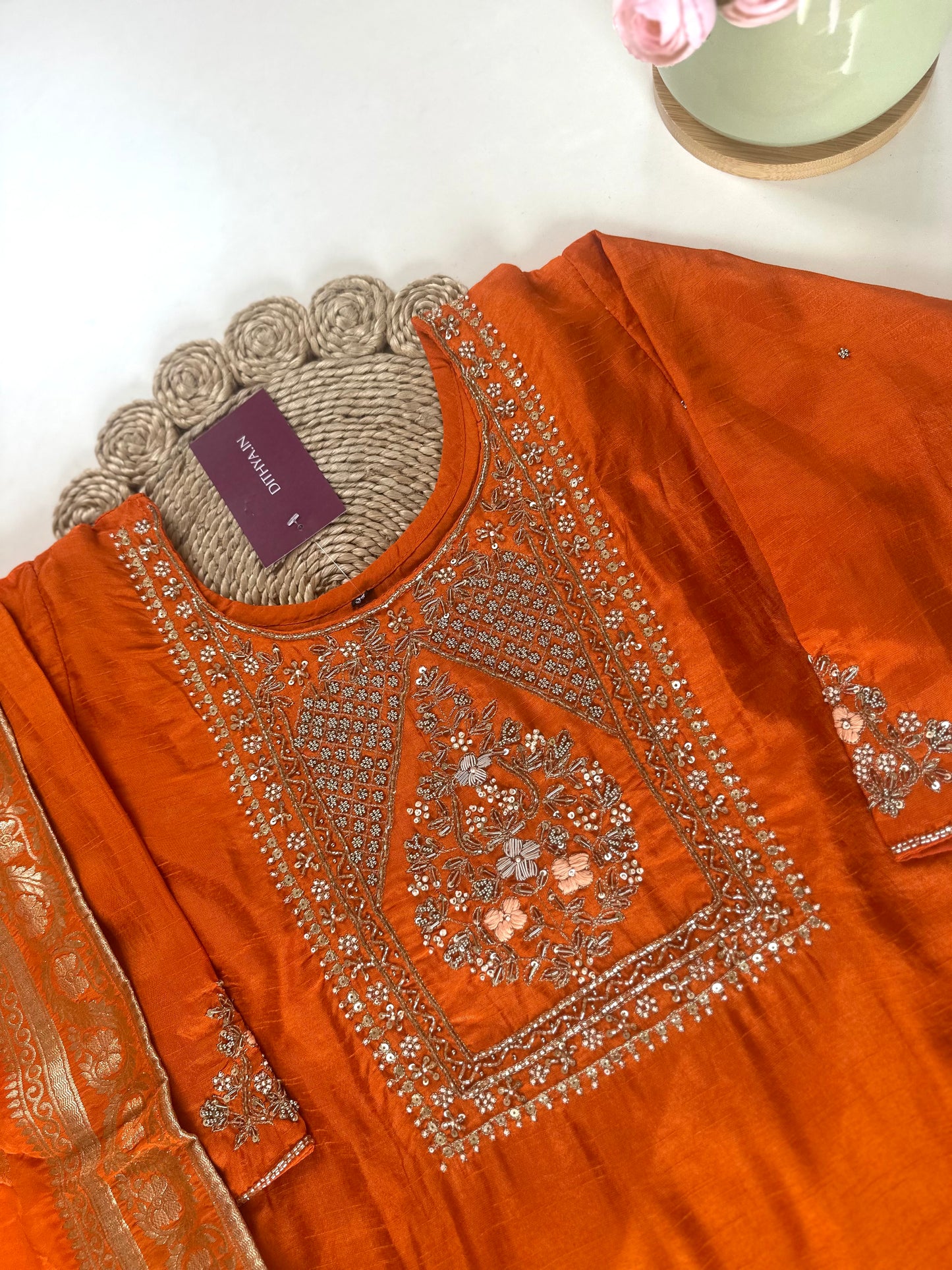 K271 - Russian silk Zardosi work straight kurti with pants and Banarasi silk dupatta .