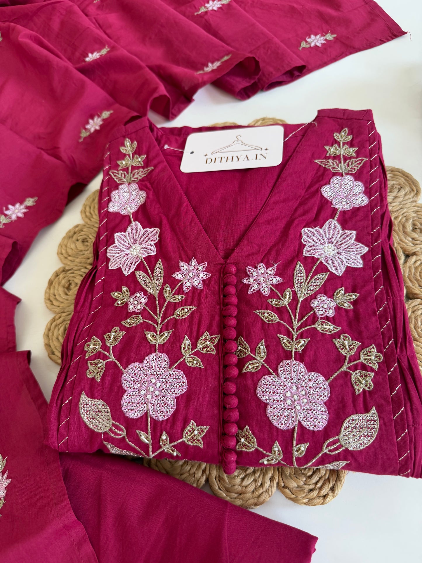 K355 - Mul cotton embroidered Anarkali with pants and dupatta