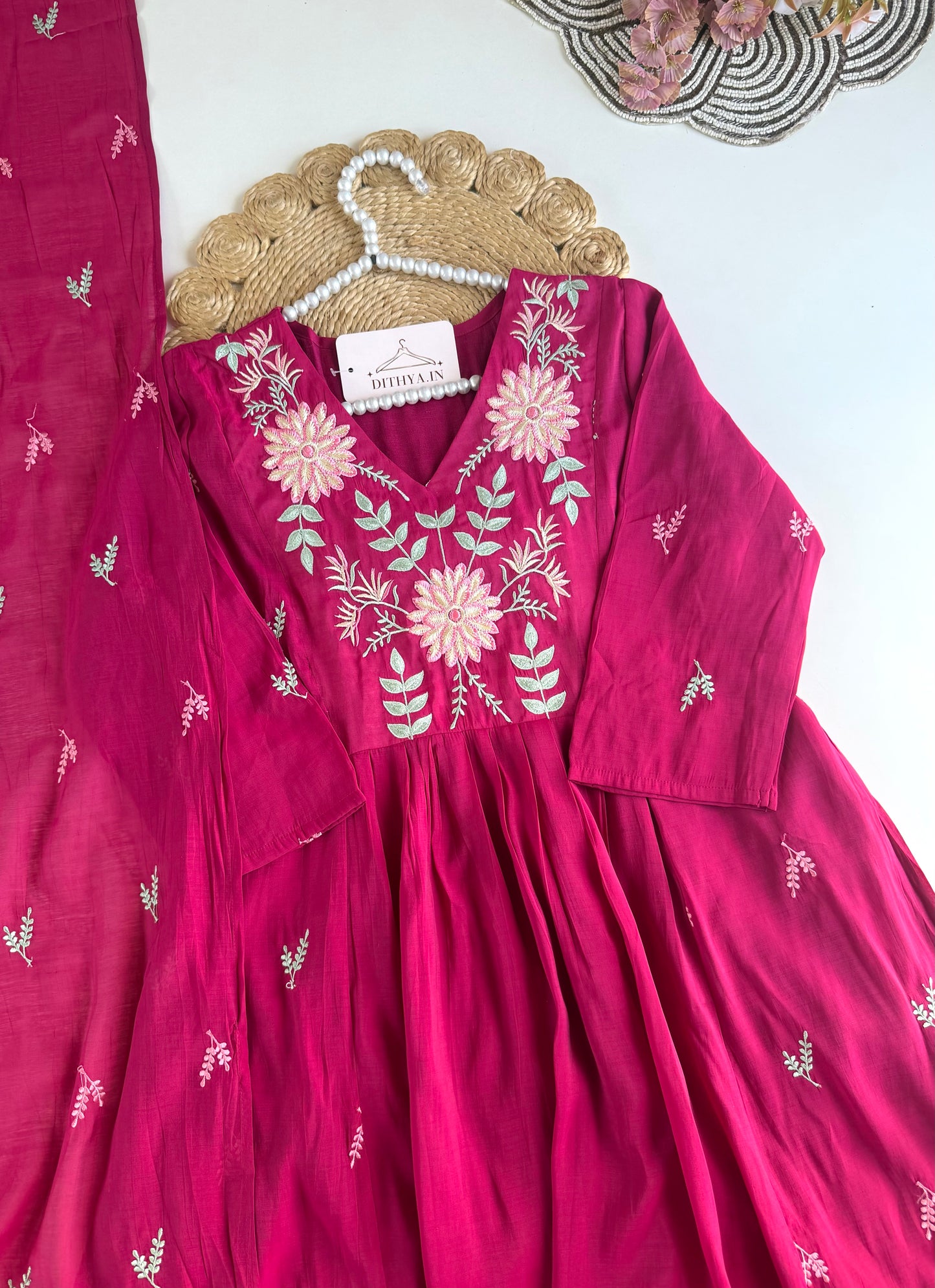 K477 - Mul chanderi appliqué work embroidered Anarkali with pants and dupatta