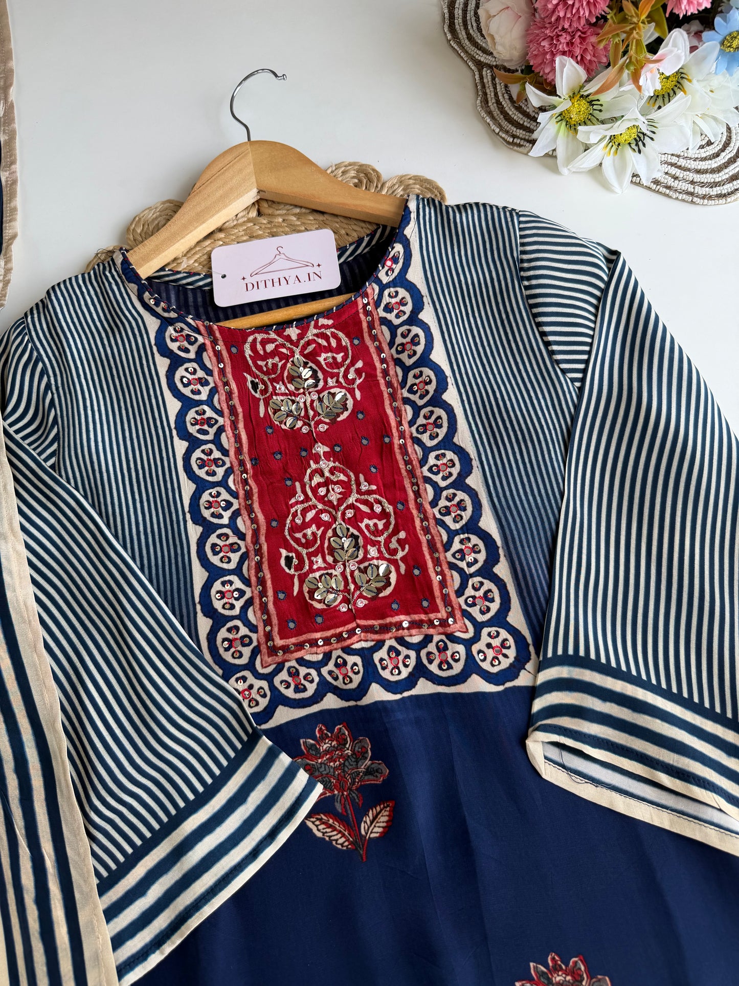 K510 - Pure crape handwork straight Kurti with pants and dupatta