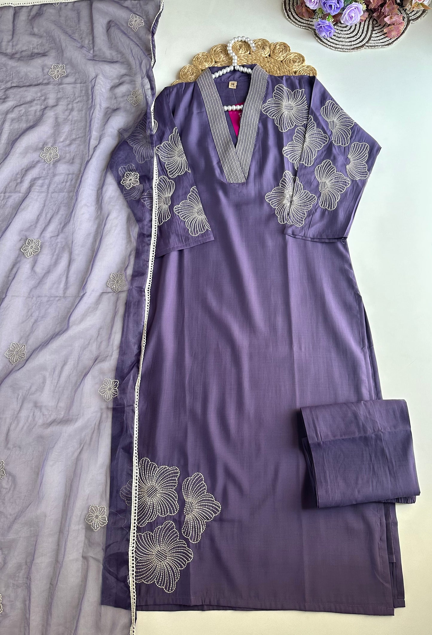 K105 - Roman silk Embroidered straight kurti with pants and dupatta