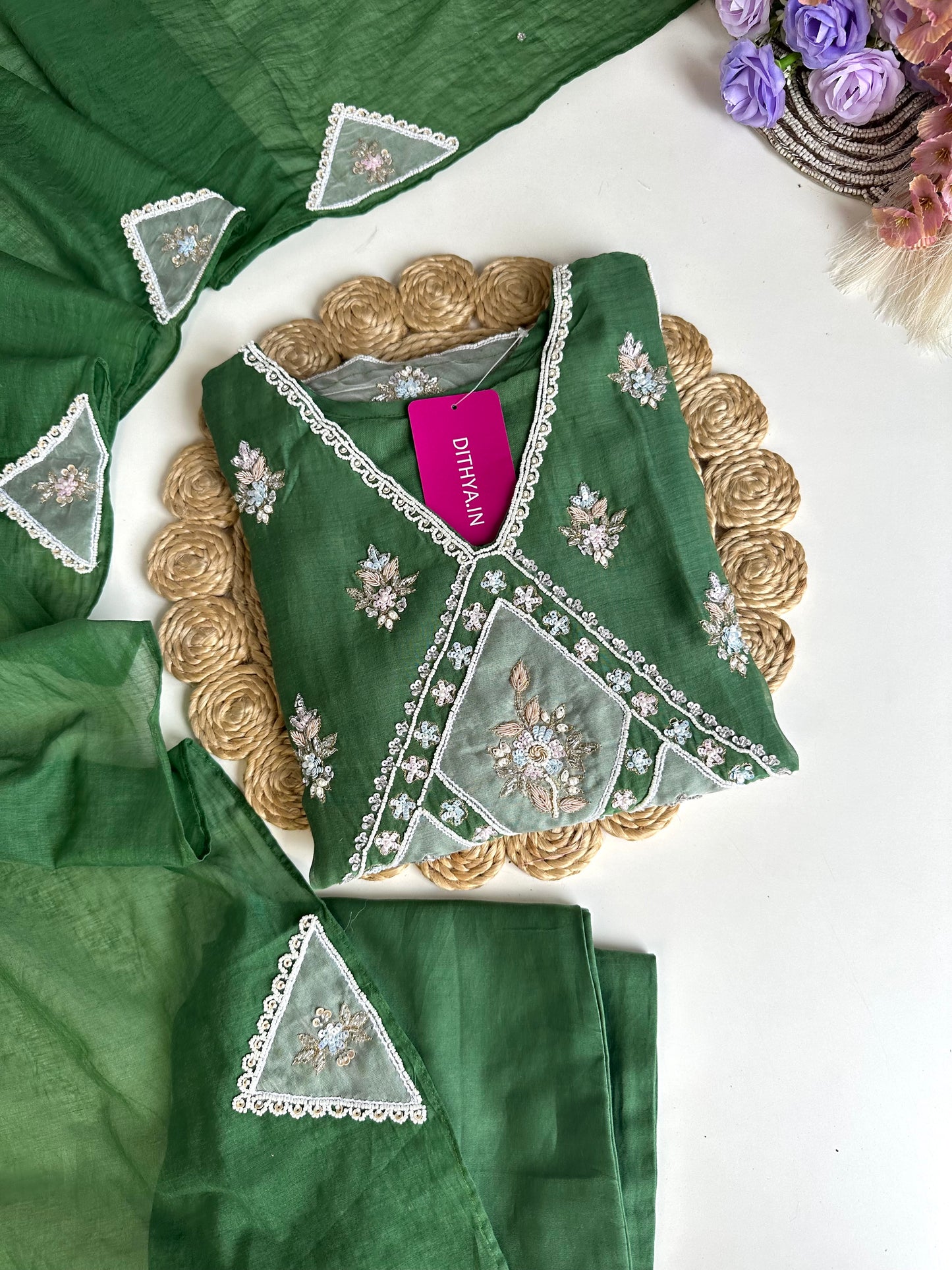 K329 - Mul Chanderi handwork straight Kurti with pants and dupatta