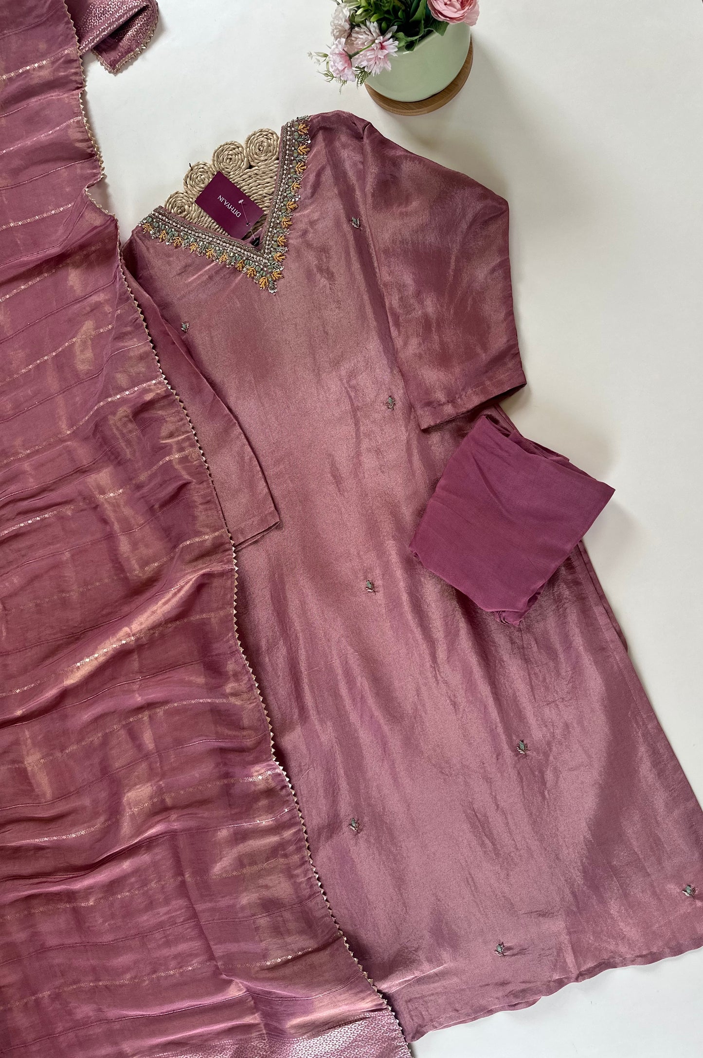 K137 - Shimmer Tissue silk straight kurti with pants and silk dupatta .