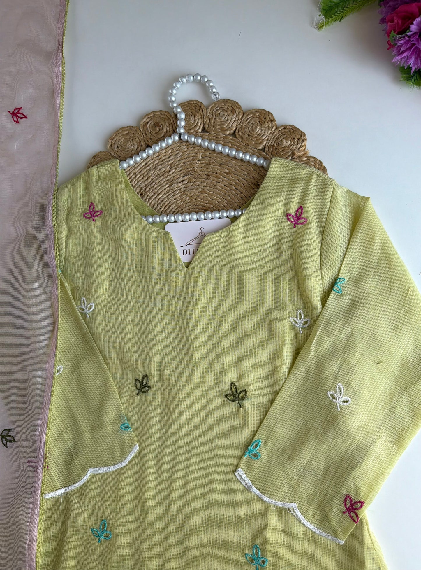 K077 - Kota doriya embroidered Aline Kurti with pants and dupatta
