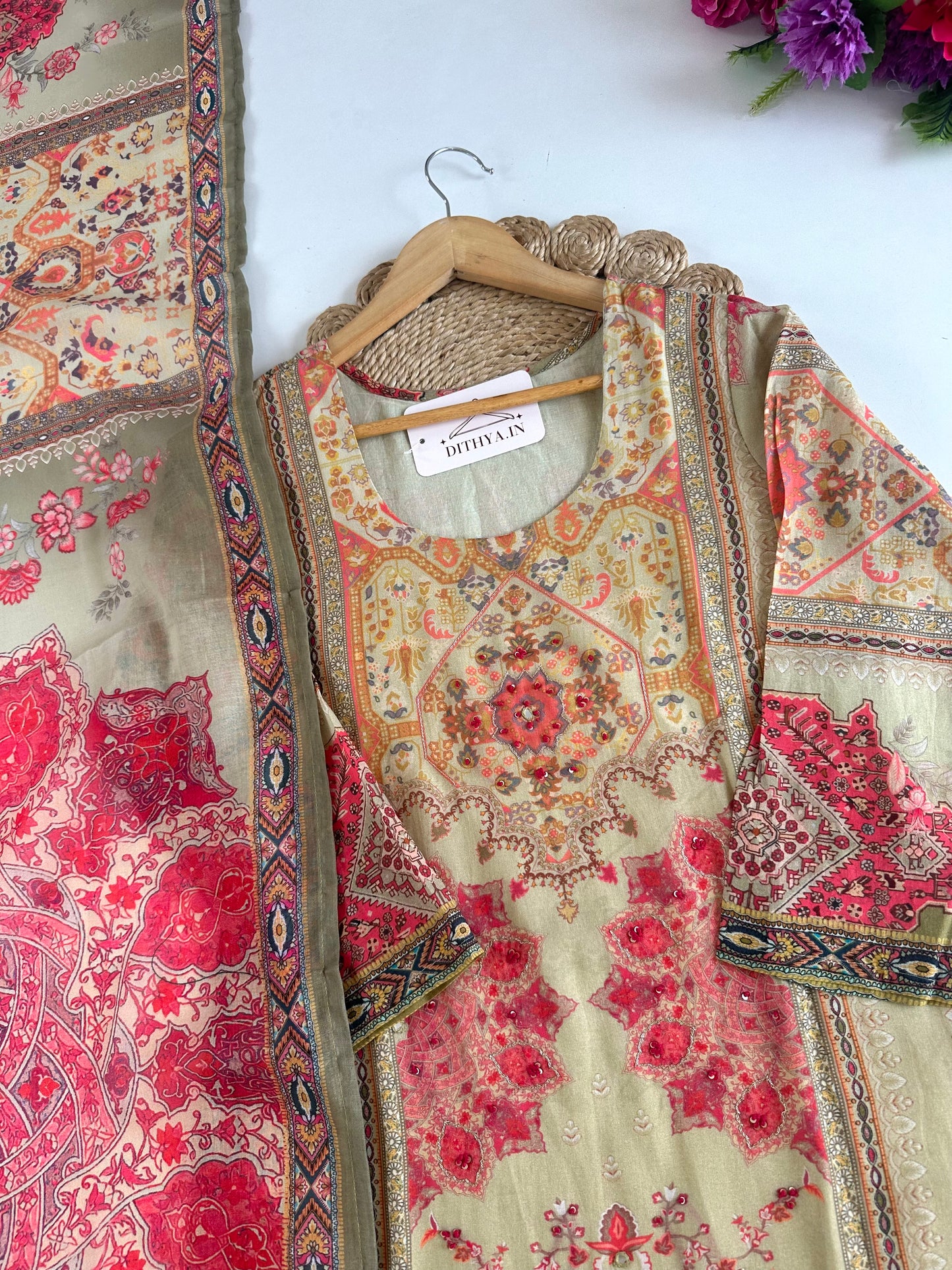 K463 - Mul cotton printed straight Kurti with pants and dupatta