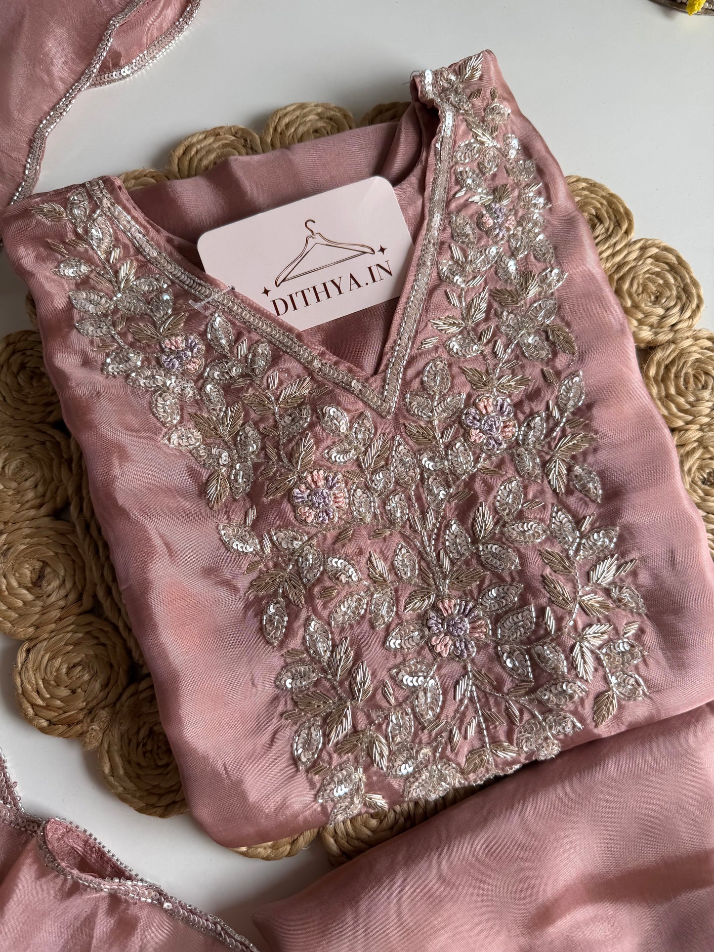 K597 - HO silk handwork Aline Kurti with pants and dupatta