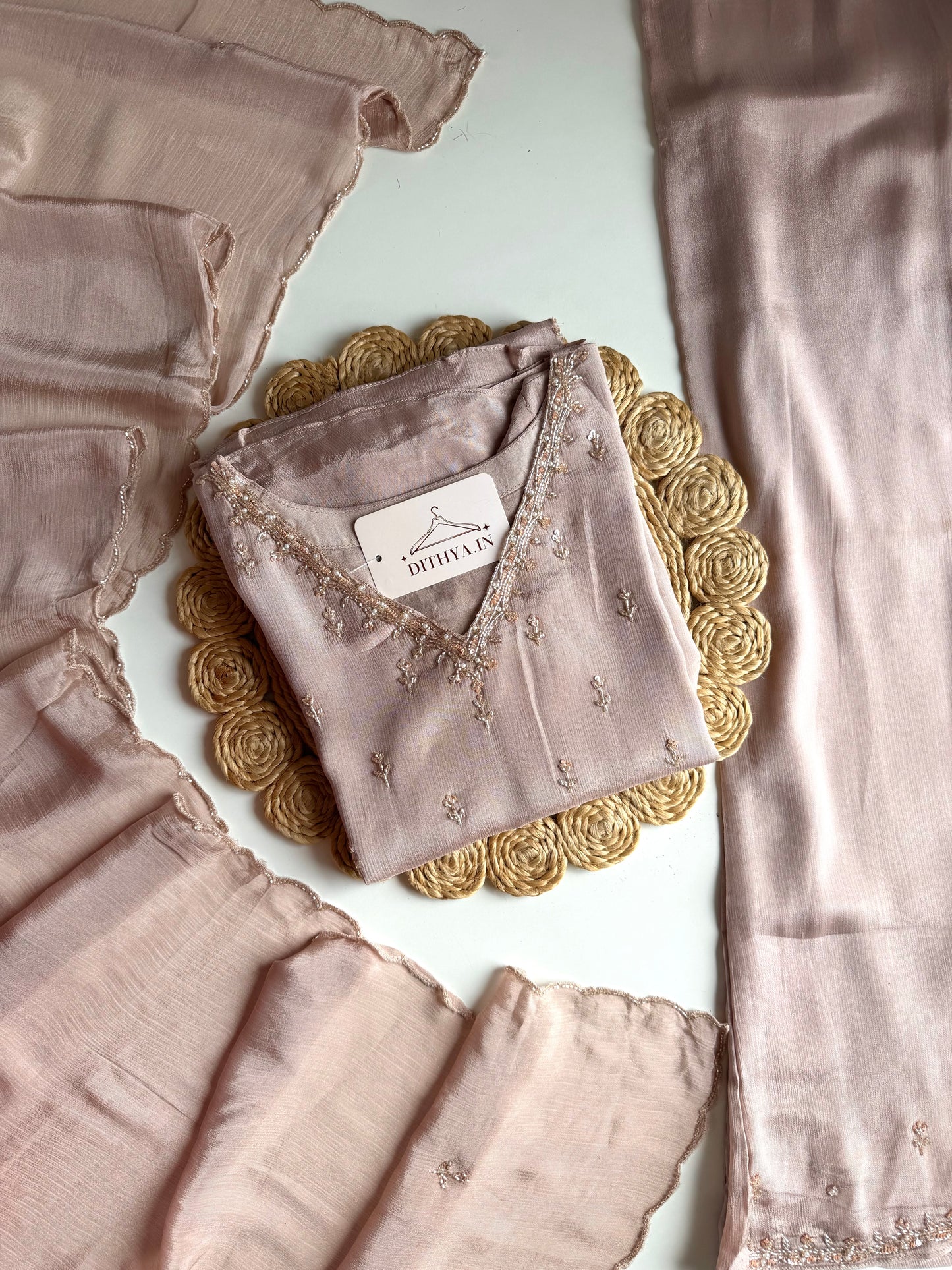 K534 - Chinnon handwork aline Kurti with divider pants and dupatta