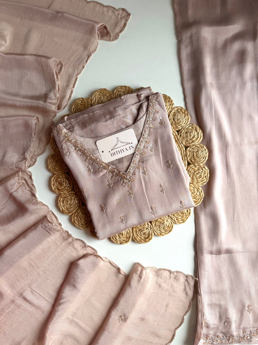 K534 - Chinnon handwork aline Kurti with divider pants and dupatta