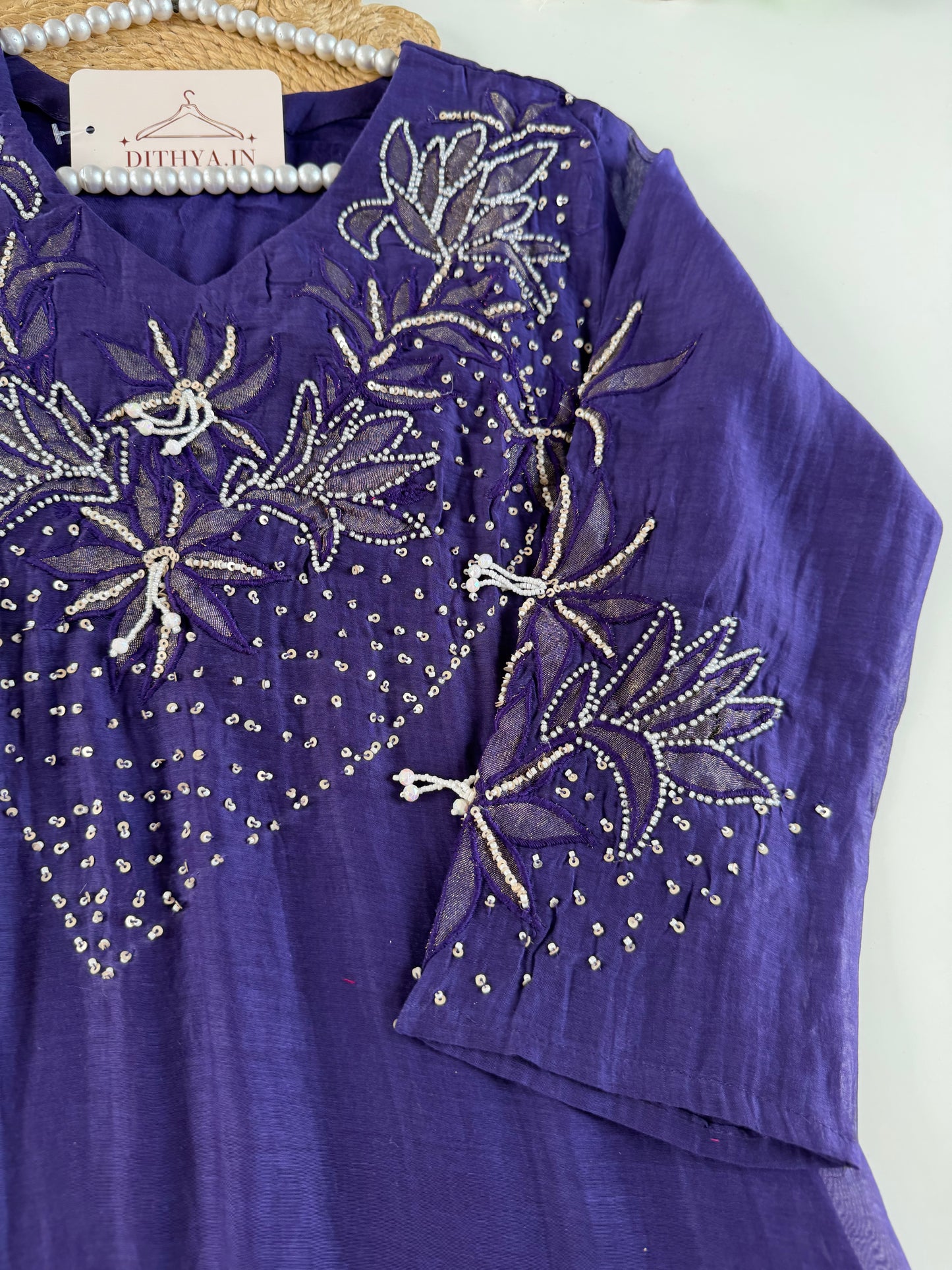 K612 - Mul chanderi handwork aline Kurti with pants and dupatta