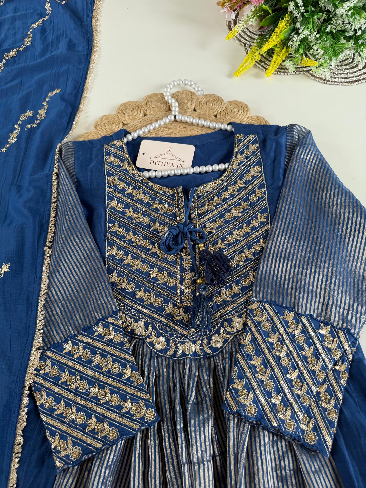 K665 - Mul chanderi Zari work Anarkali with pants and dupatta