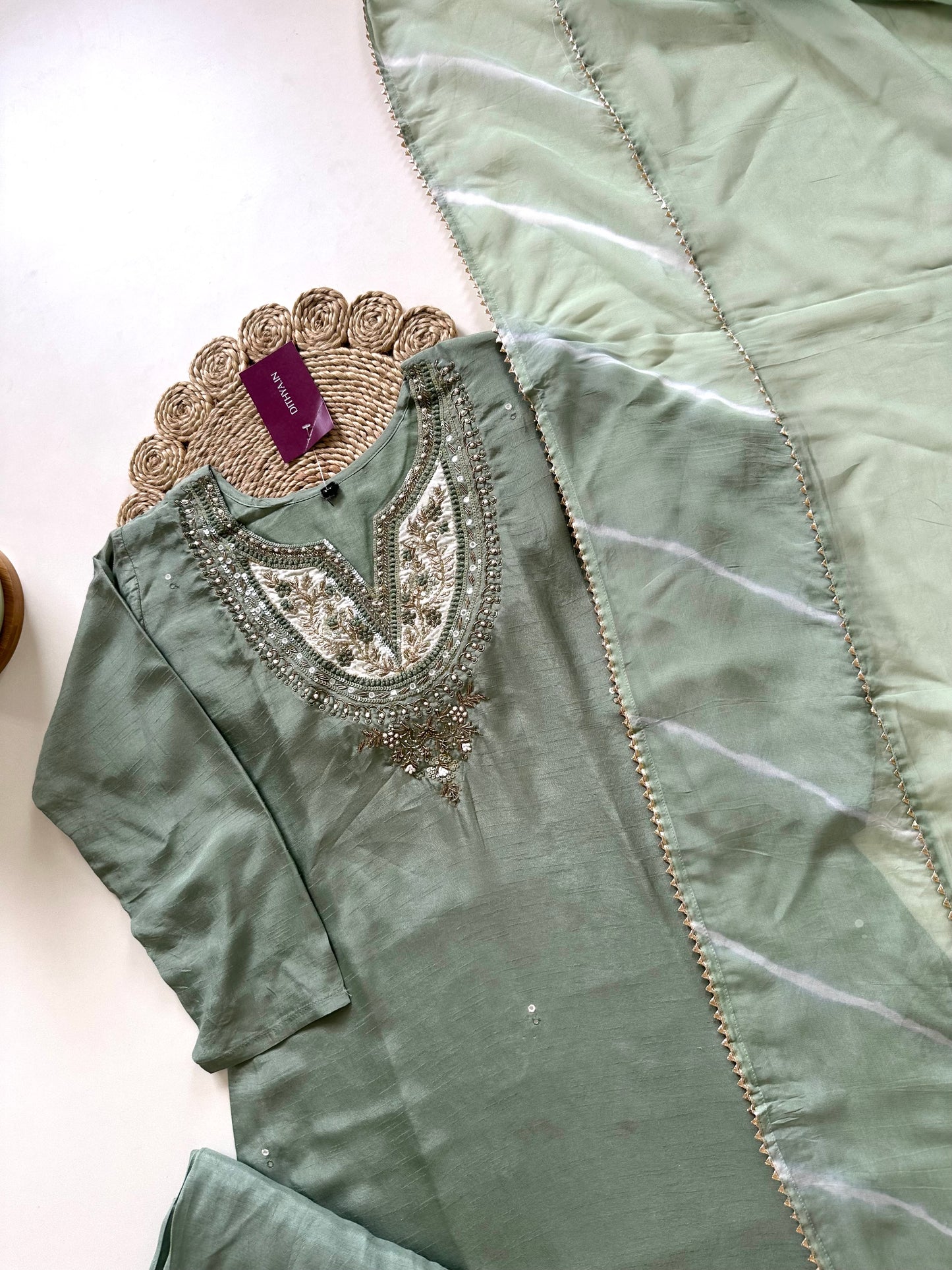 K086 - Russian silk Handwork straight Kurti with pants and dupatta .