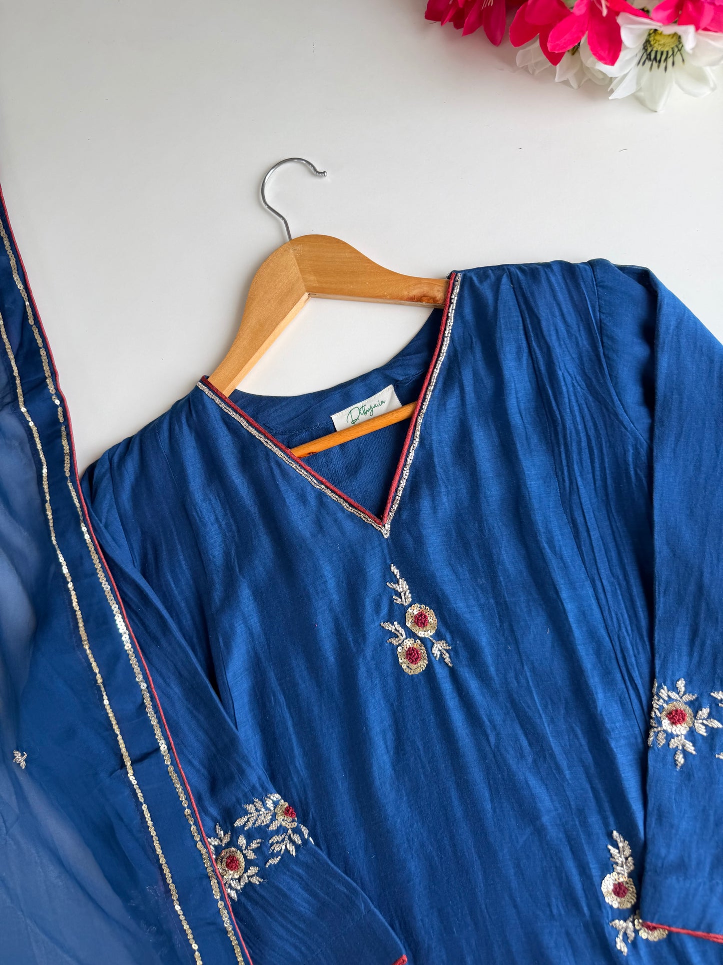 K444 - Mul chanderi handwork Aline Kurti with pants and dupatta