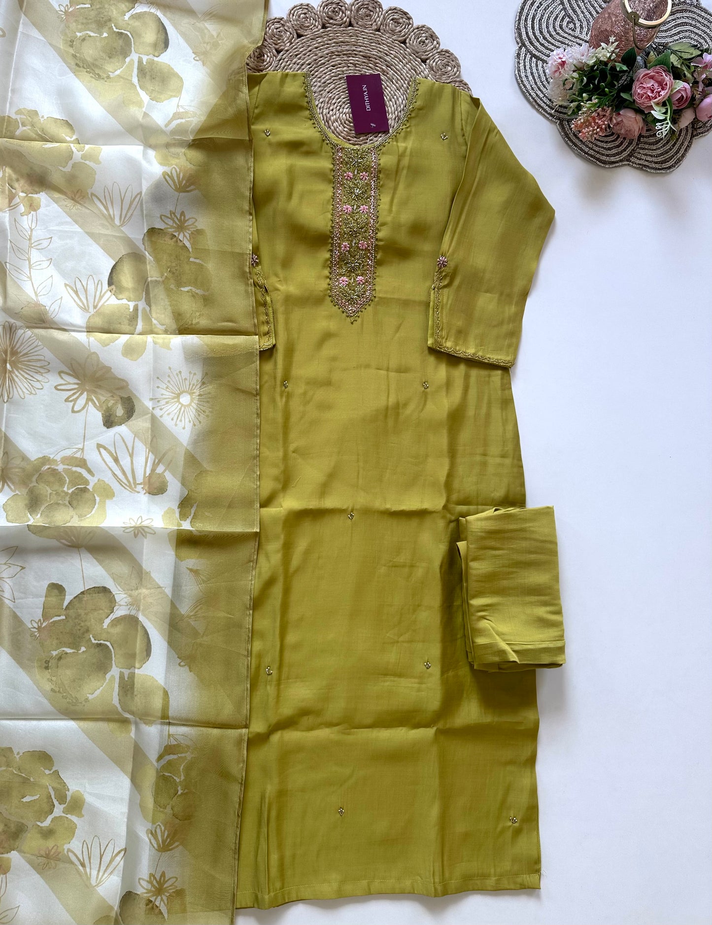 K198 - Roman silk handwork straight kurti with pants and dupatta in 2 colours.
