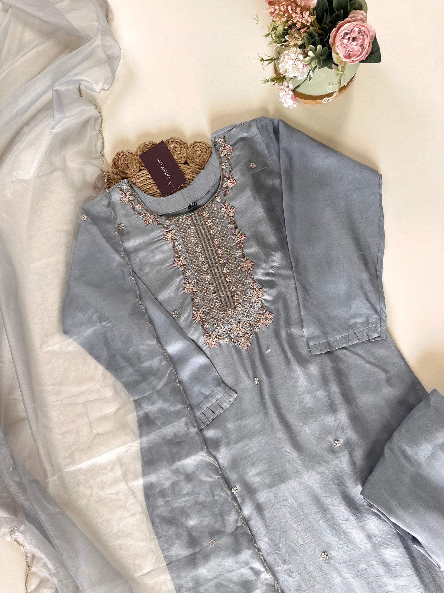 K248-Dola silk Handwork straight kurti with pants and dupatta.