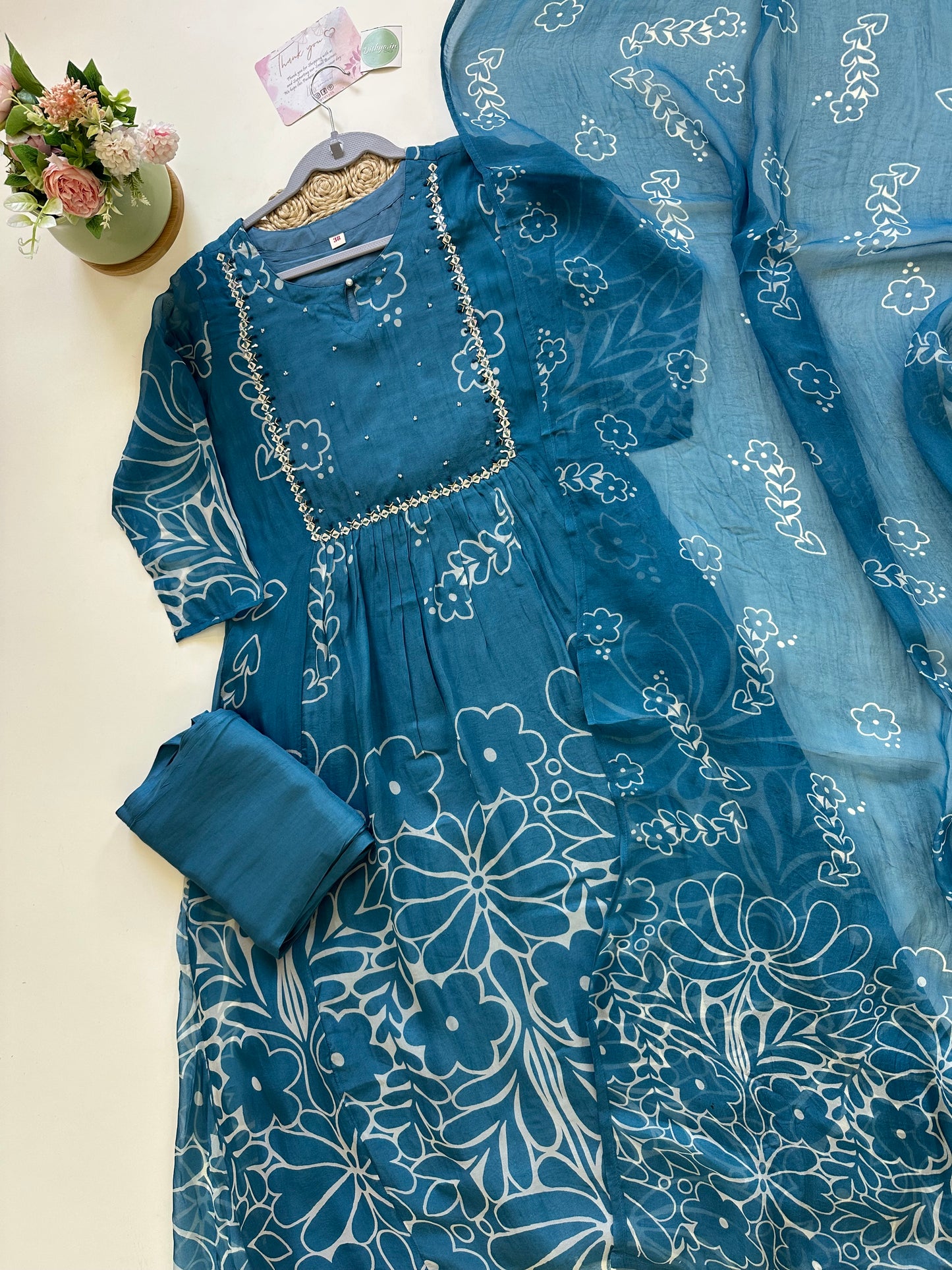 K132 - Viscose Organza Floral Anarkali with pants and dupatta.