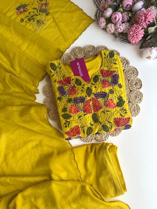 K050 - Mul Chanderi appliqué embroidered Aline Kurti with pants and dupatta in 2 colours