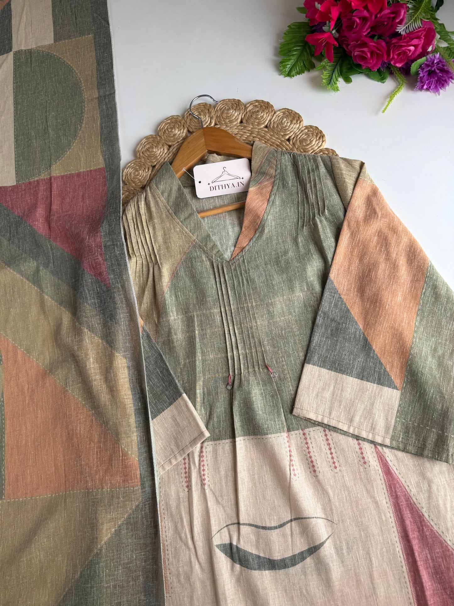 K242 - Linen printed Aline Kurti with pants and dupatta