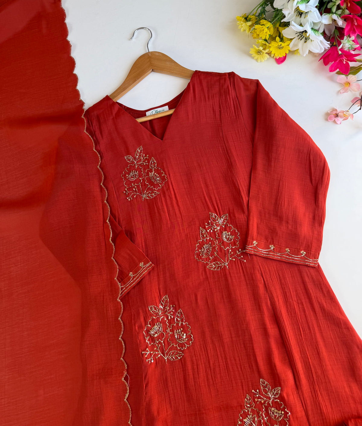 K306 - Surat Mul chanderi dabka work aline Kurti with pants and dupatta