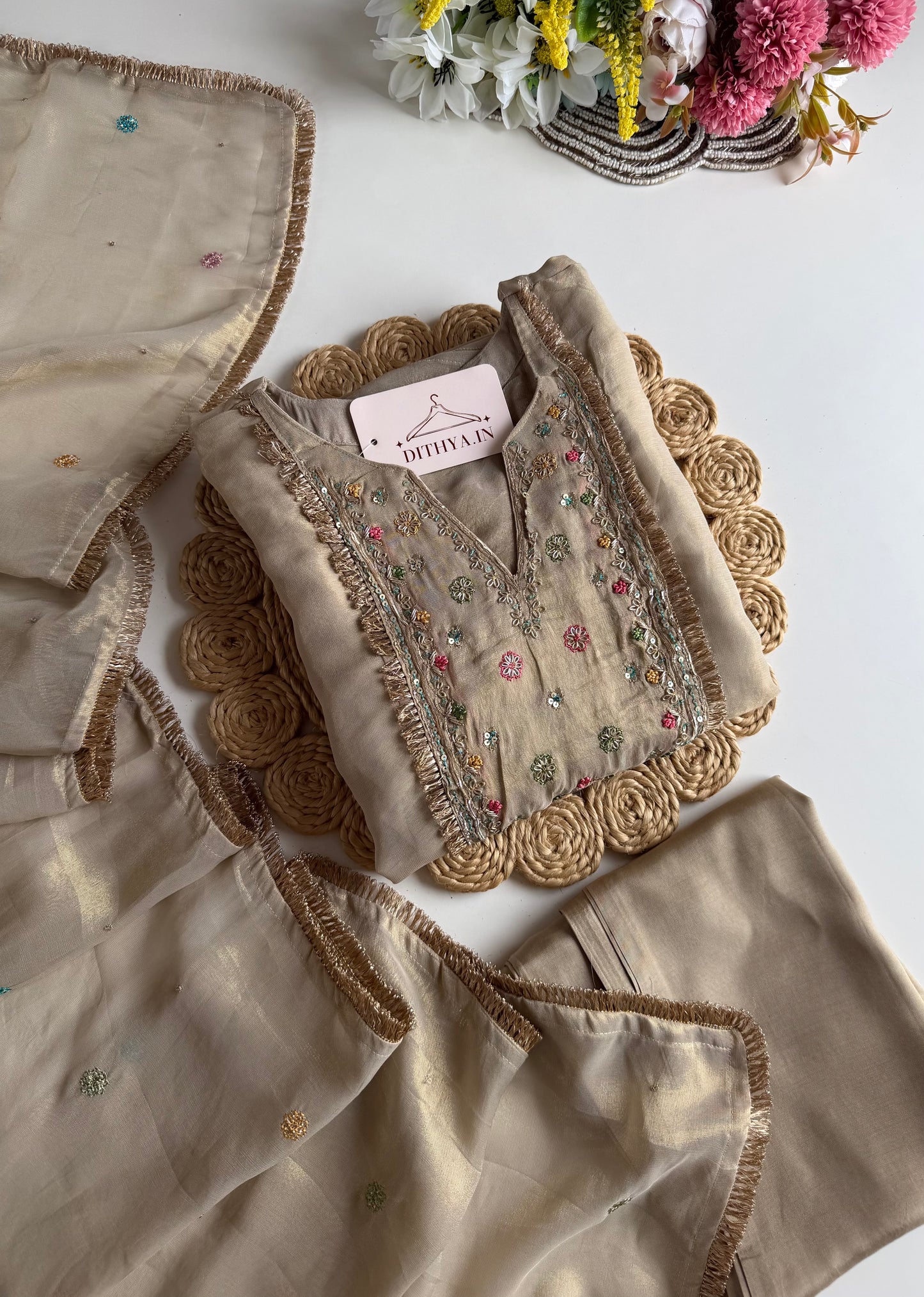 K607 - Tissue silk handwork aline Kurti with pants and dupatta