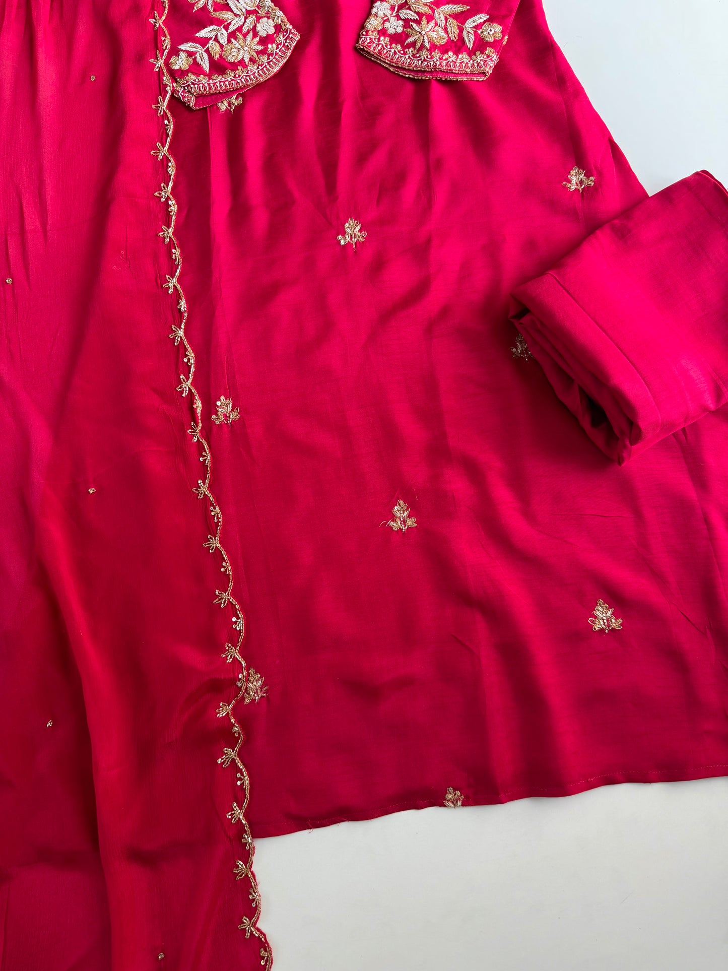 K126 - Russian silk handwork Aline Kurti with pants and dupatta in 2 colours