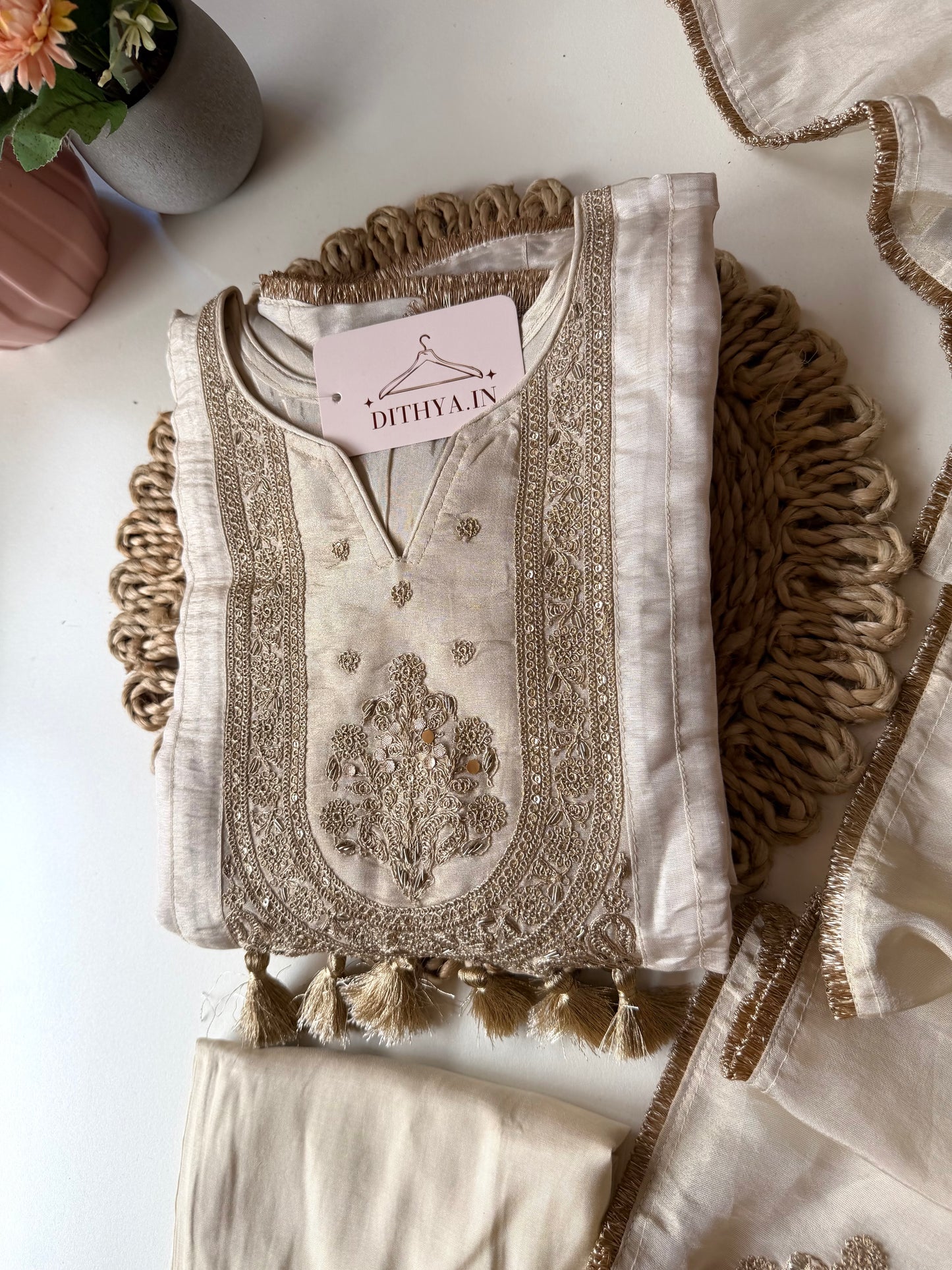 K229 - Tissue silk zari work Aline Kurti with pants and dupatta