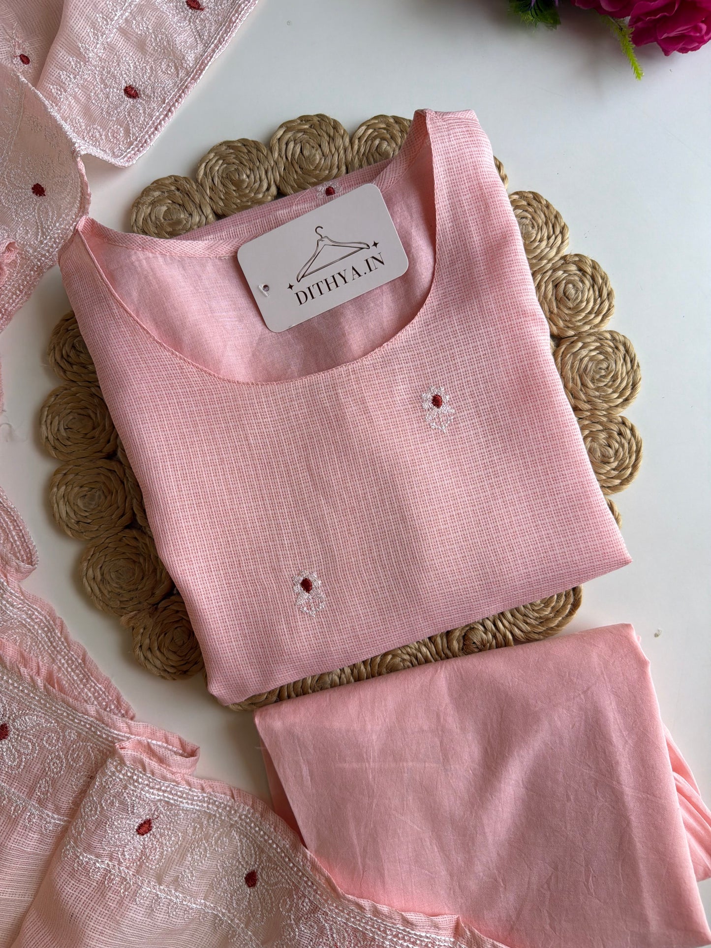 K545 - Kota doriya embroidered straight Kurti with pants and dupatta