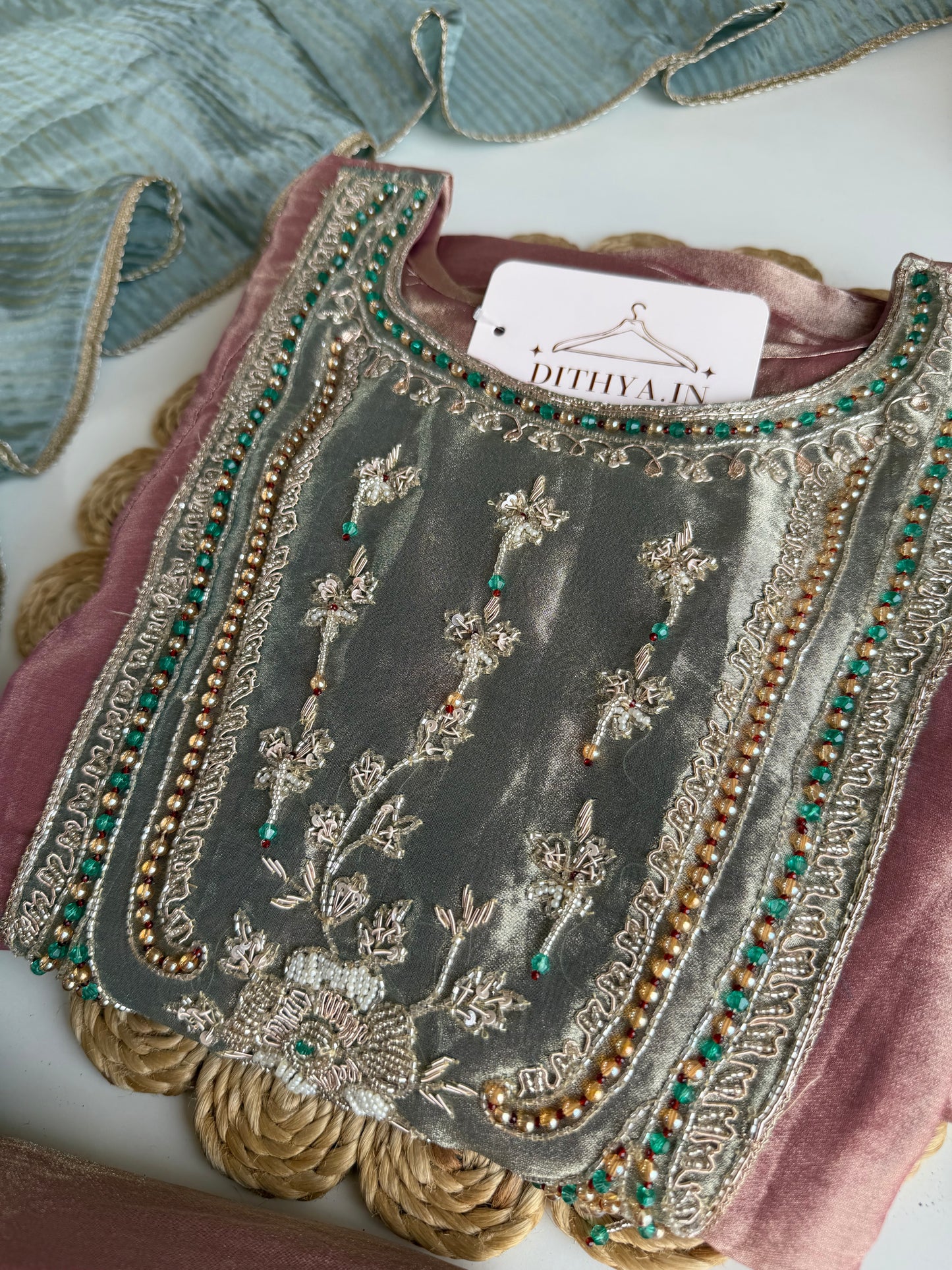 K470 - Tissue silk handwork Anarkali with pants and dupatta