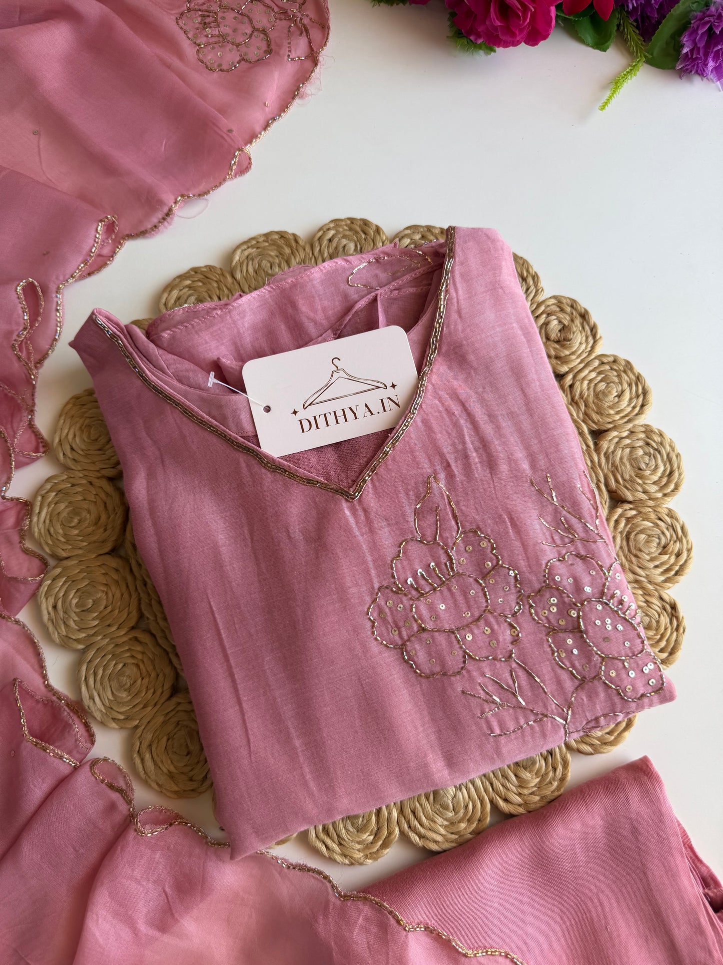 K103 - Mul chanderi handwork aline Kurti with pants and dupatta