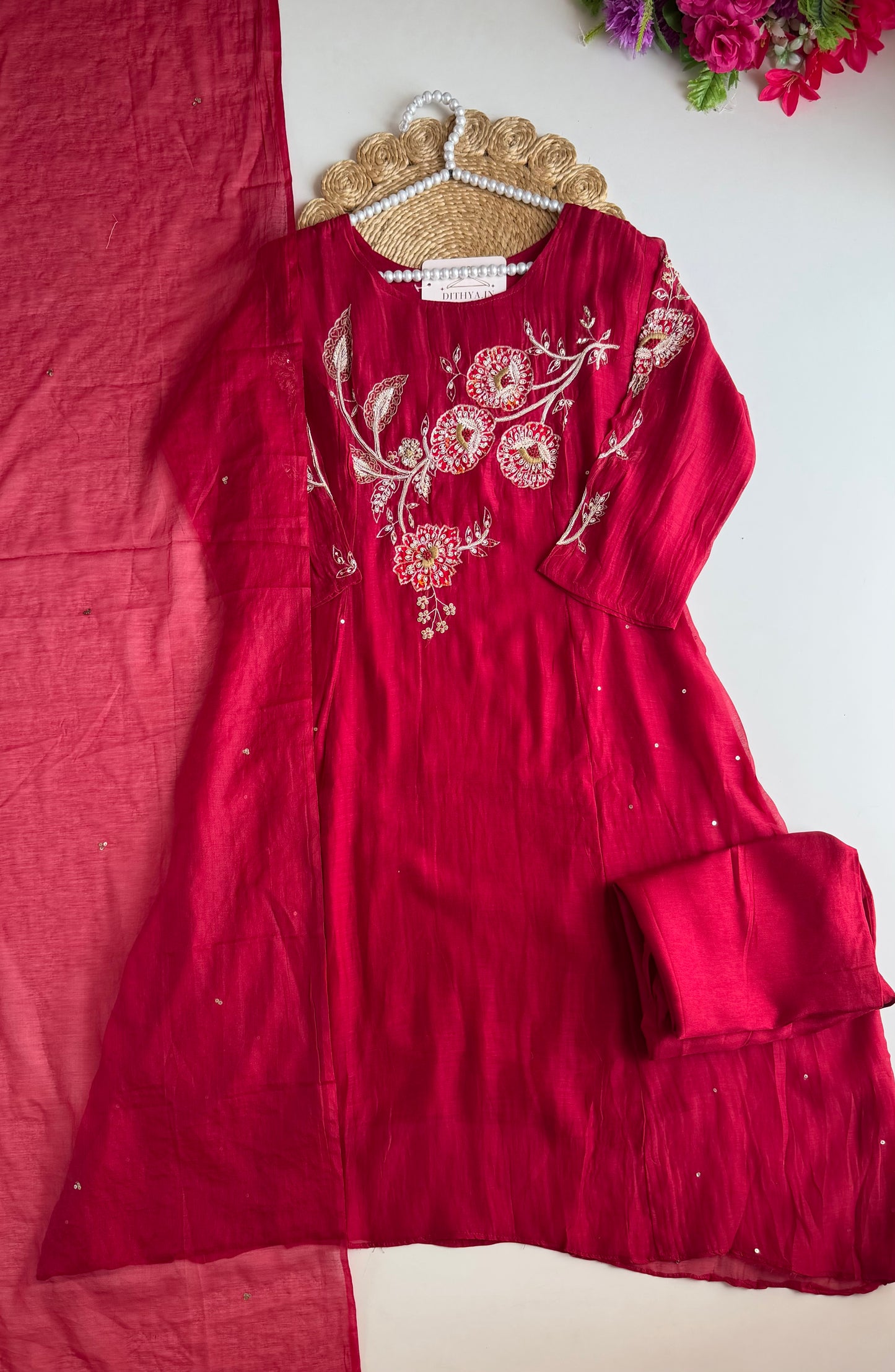 K465 - Mul chanderi handwork Aline Kurti with pants and dupatta