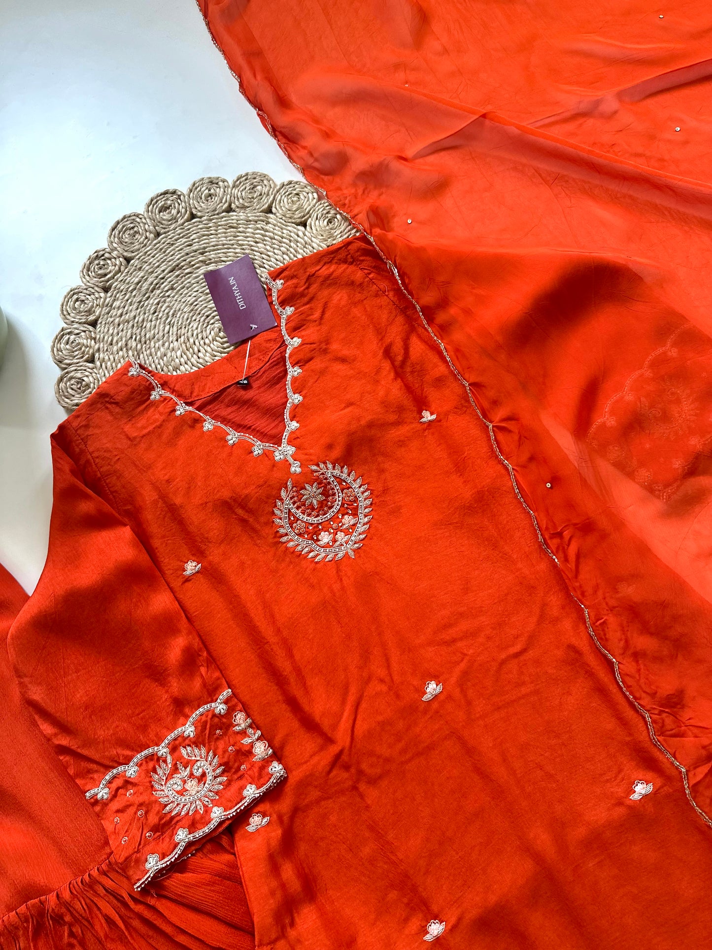 K067 - Russian silk Handwork Short kurti with sharara and dupatta .