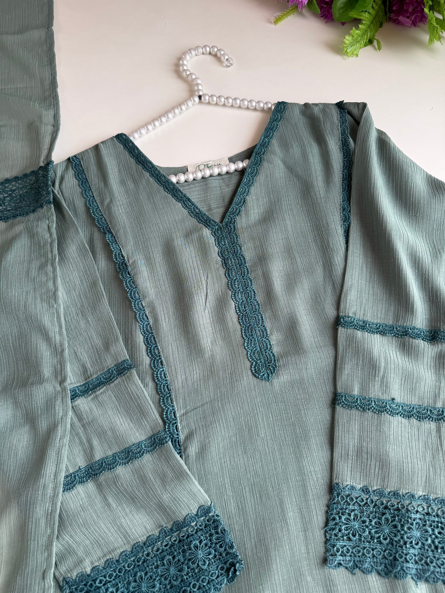 K515 - Crushed Mul cotton embroidered Aline Kurti with pants and dupatta in 2 colours