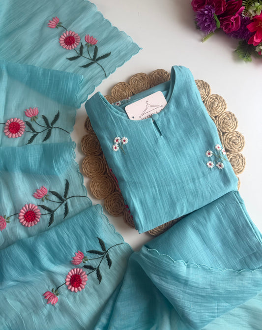K629 - Mul chanderi 3D embroidered straight Kurti with pants and dupatta