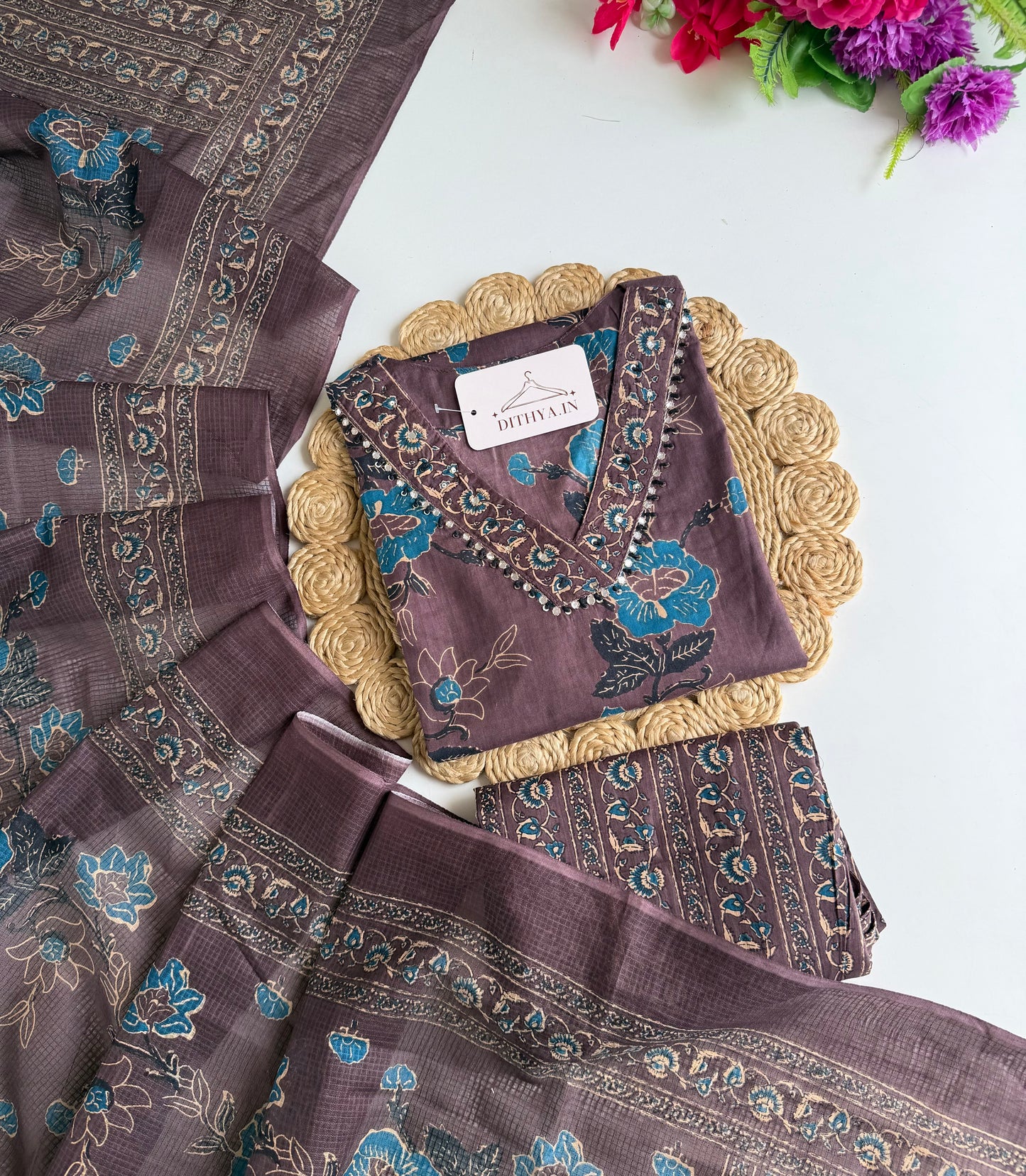 K163 - Mul cotton embroidered Aline Kurti with pants and dupatta