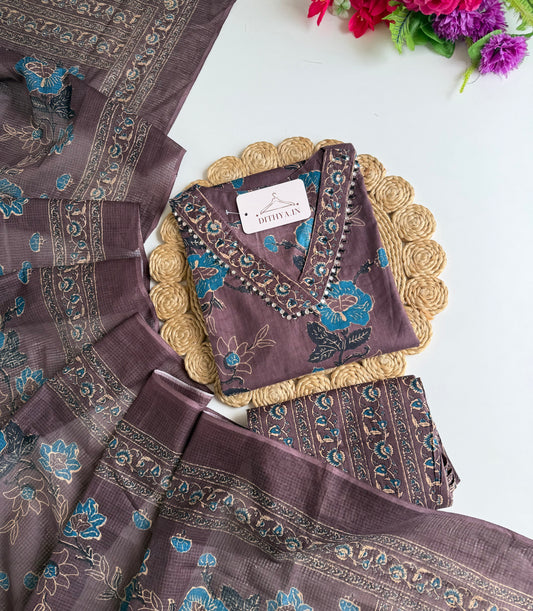 K163 - Mul cotton embroidered Aline Kurti with pants and dupatta