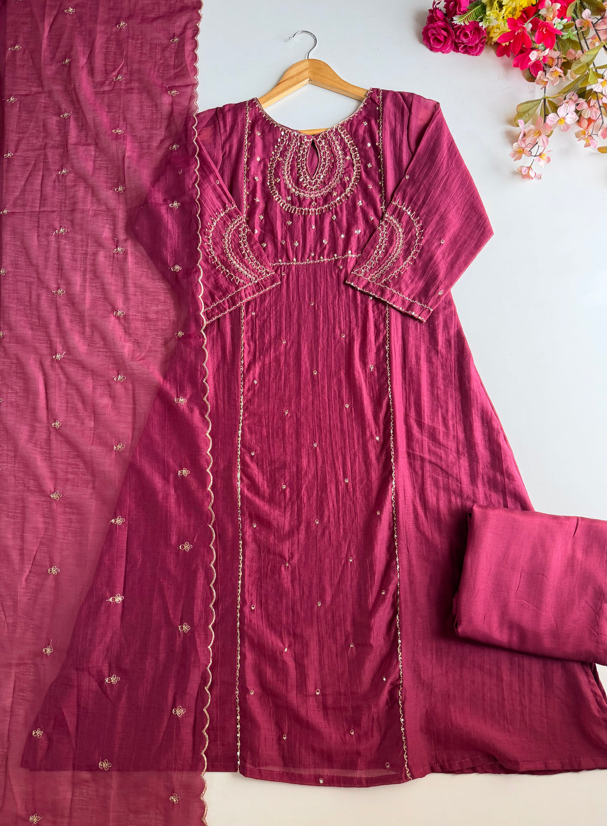 K446 - Surat Mul chanderi handwork aline Kurti with pants and dupatta in 2 colours