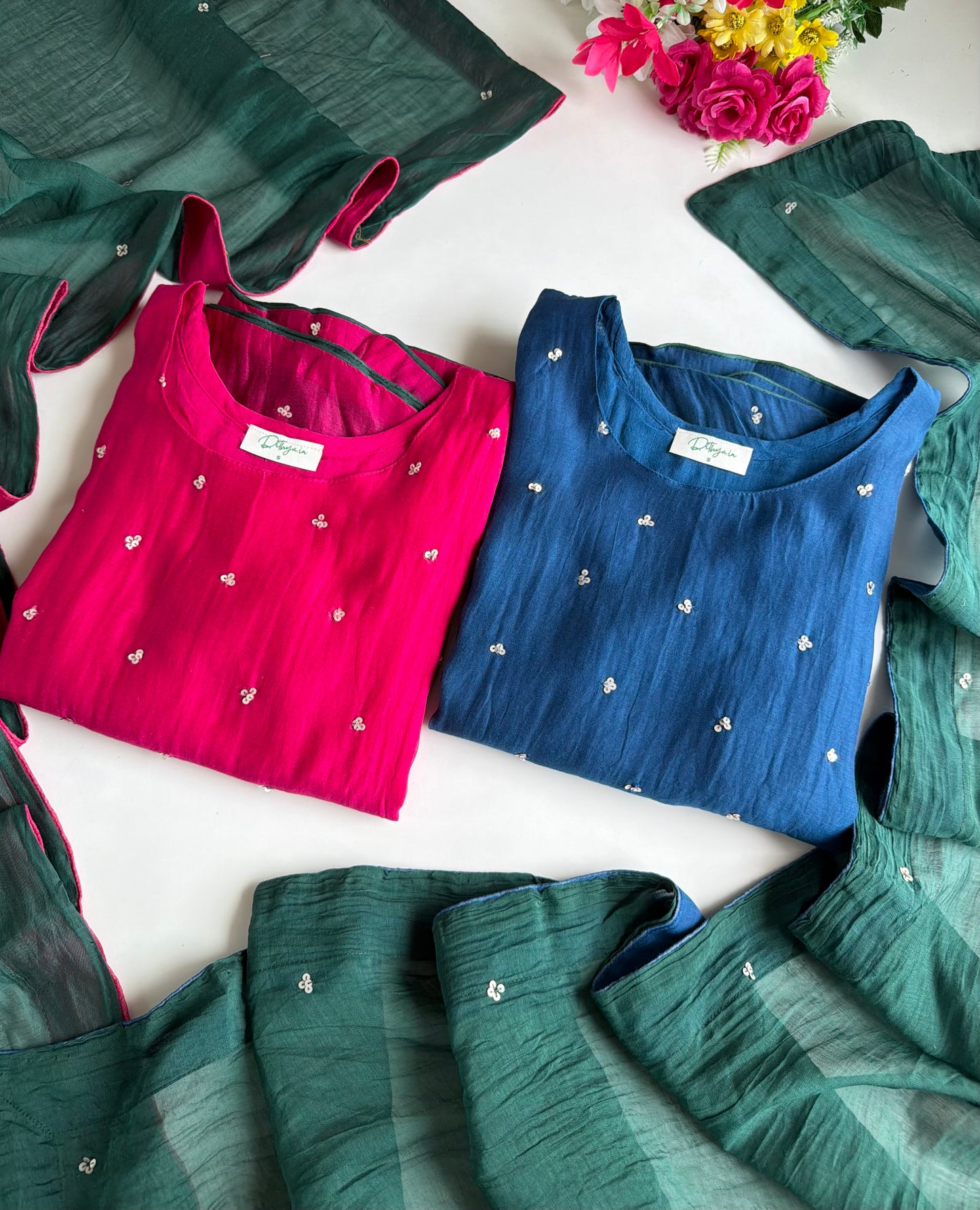 K345 - Mul chanderi handwork aline Kurti with pants and dupatta in 2 colours