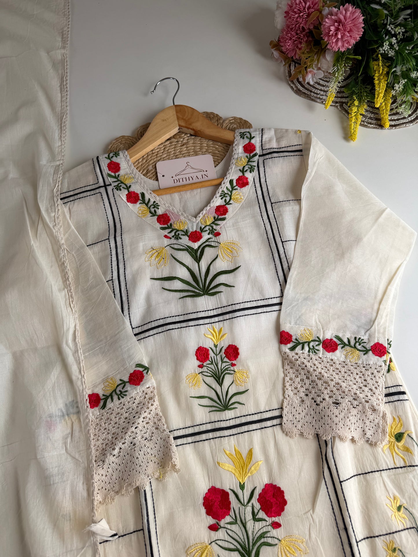 K670 - Mul cotton embroidered straight Kurti with pants and dupatta