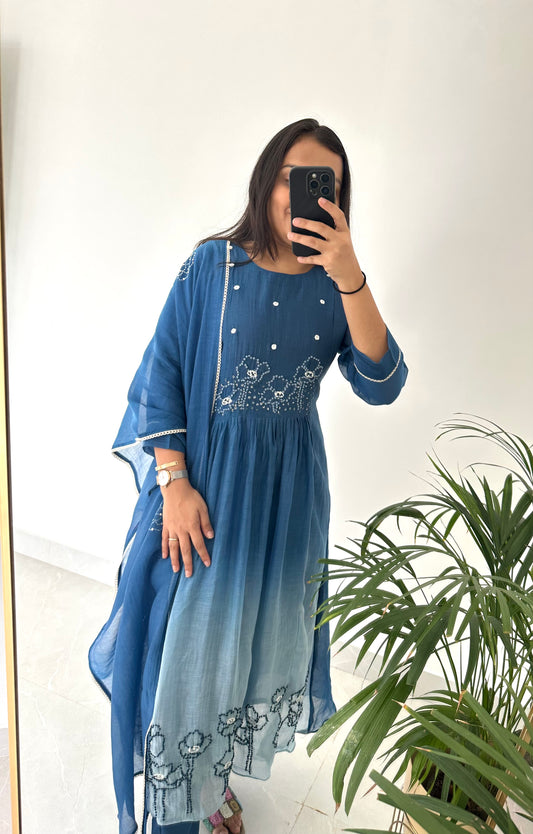 K226 - Mul Chanderi embroidered Aline Kurti with pants and dupatta
