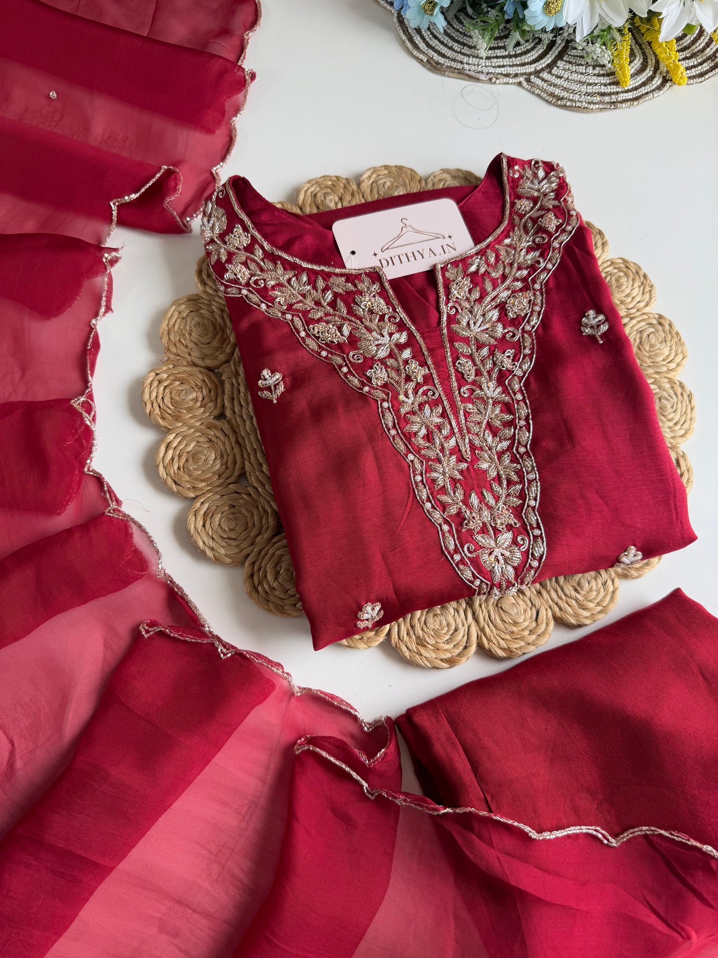 K206 - Russian silk handwork aline Kurti with pants and dupatta